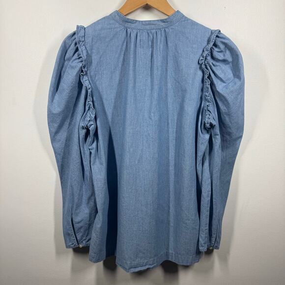 J. Crew Chambray Top Women S Blue Puff Sleeve Denim Blouse Prairie Cottage Core - Picture 2 of 9